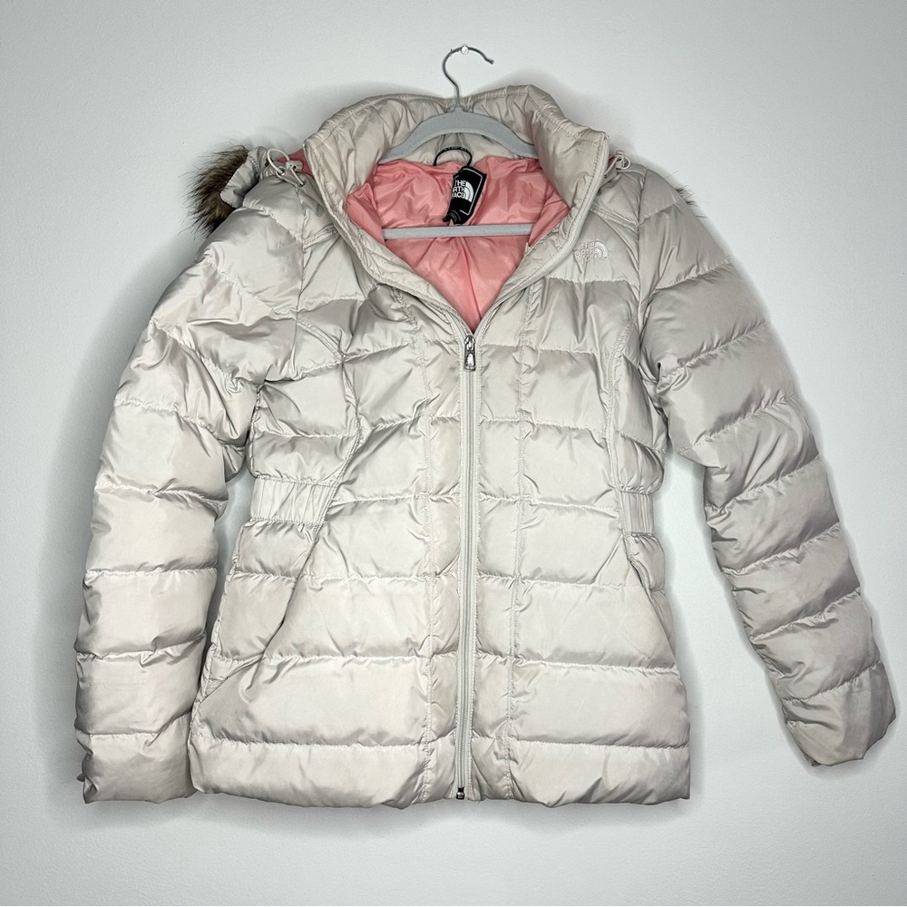 The North Face 550 Down Faux Fur Trim Hood Long Puffer Jacket Pink & Light Gray